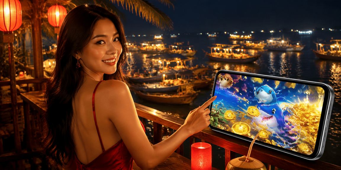 Người chơi casino trên điện thoại tại bãi biển Phan Thiết vào buổi tối